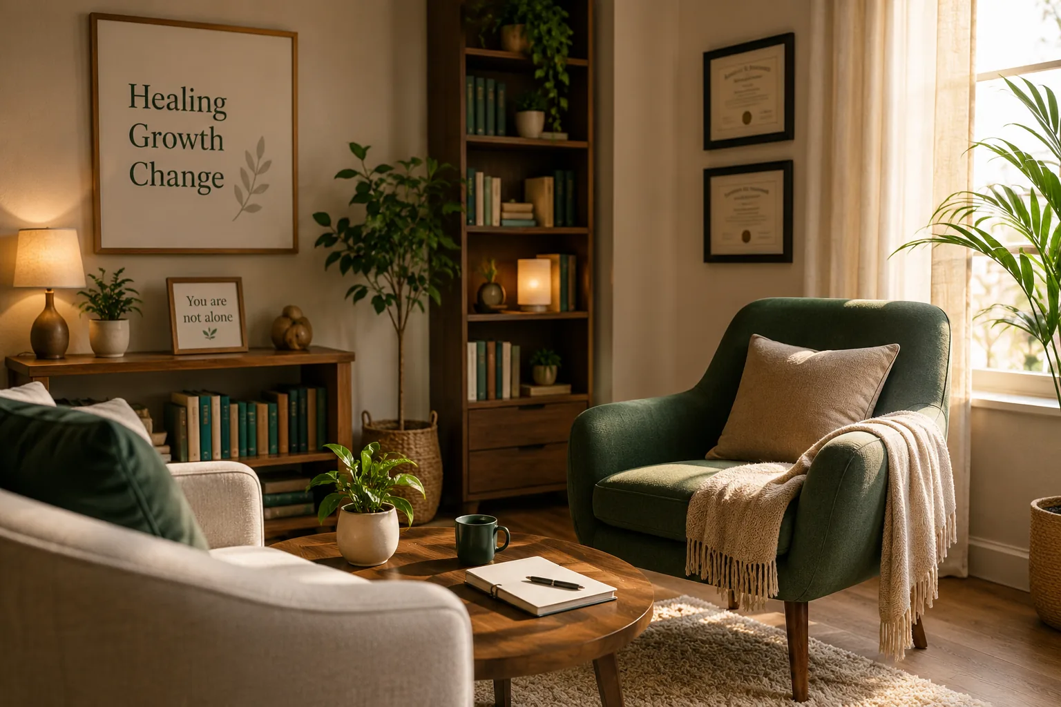 Calm therapy room used for counseling sessions
